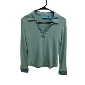 Trixie+Lulu Top Sage Green Collared Satin Trim SZ Small Minimalist Quiet Luxury